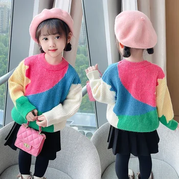 2023 Koreai Tavaszi Őszi Gyermekek Vágott Pullovers Pulóverek Általános Lány Kötött Pulóver Knitwears Junior Lány Ruha