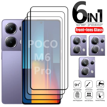 6-in-1 A Poco M6 Pro Üveg Xiaomi Poco M6 Pro Edzett Üveg 9H HD Teljes Ragasztó Fedezze képernyővédő fólia Poco M6 Pro Üveg Lencse