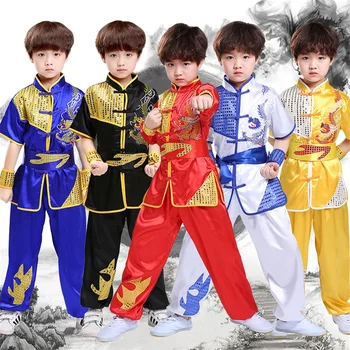 A Gyerekek Hagyományos Kínai Stílusú Ruha Készlet Sequin Sárkány Hímzéssel Hosszú&Rövid Teljesítmény Tai Chi Kung Fu Egyenruhát