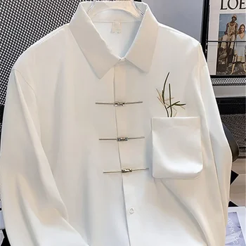Alkalmi Hosszú Ujjú Póló Férfi Kínai Stílusú 2024 Tavaszi Szilárd Színek Fém Csat Terítette Bő Kabát ruhájának homme de luxe