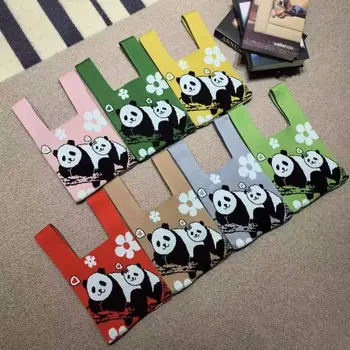 Aranyos, Kézzel szőtt Táska Újrafelhasználható Nagy kapacitású Kötött Gyapjú Kötés Váll táska Kézzel készített Panda Táska Diák