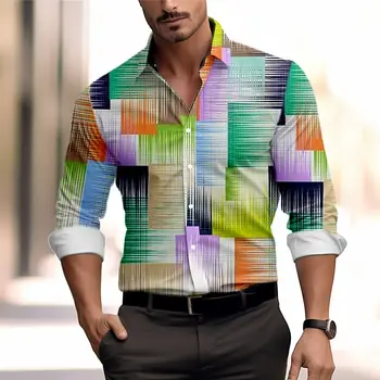 Csíkos geometriai új férfi ing, kényelmes, laza tavaszi, nyári bilincsben hosszú ujjú ing, divatos felsők
