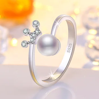 Egyszerű Temperamentum Gyöngy Korona Nyitó Gyűrűk Nők 925 Sterling Ezüst Ékszer Gyűrű Hölgy Tartozékok Valentin Napi Ajándékok