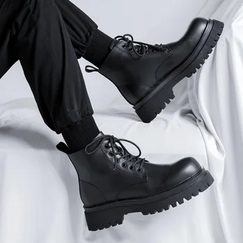 férfi luxus divat platform csizma fekete dagály valódi bőr cipő cowboy vaskos boot fél prom ruha csinos boka botas férfi