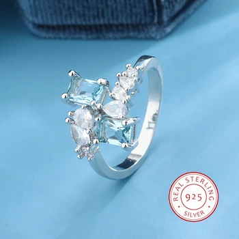 Gyönyörű Gyűrű Női Divat Akvamarin Cirkon Gyűrű 925 Ezüst Női Parti Ékszer Esküvő Menyasszony Eljegyzési Gyűrű