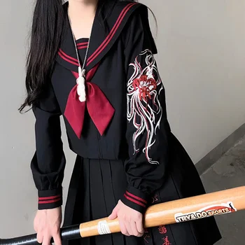 Iskola Lány Hímzés Egységes, Hosszú Ujjú Felső Japán Osztályú Tengerész Ruhát a Diákok Anime Női S-XL