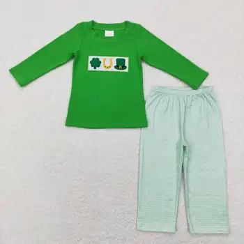 nagykereskedelmi fiú ruha gyermek ruha Hímzett négylevelű lóhere zöld, hosszú ujjú kockás nadrág