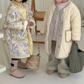 Parkas Koreai Gyermek Ruházat Új Téli Gyermek Kabát Fiúk Lányok Hosszú Pamut Ruhát, Meleg 2023 Kerek Gallér