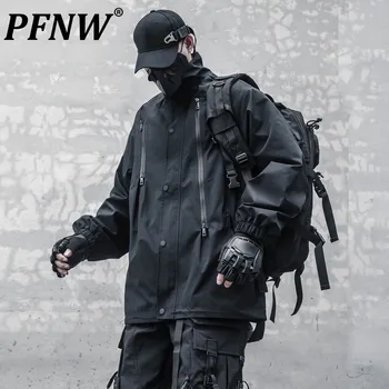 PFNW Elegáns Felújított Design Őszi Új Állni Gallér Divat Márka Cipzár Outdoor Kabát Férfi Darkwear Taktikai Kabát 12Z6306