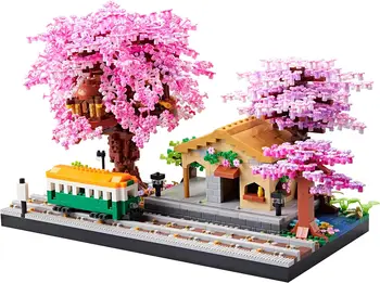 Sakura Fa Állomás Épületben Modell Bonsai Fa Ház építőkövei Rózsaszín lakberendezési Gyermekek Játék Ajándékok