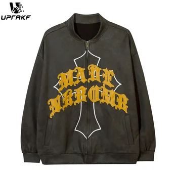 UPRAKF Retro dzsekis Nagy Levelet, Elegáns Bő Kabát Zsebében Harajuku Streetwear Őszi Téli Hosszú Ujjú Outwear