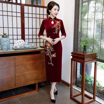 Őszi Téli Bársony Kínai Szexi Ruha Bordó Osztott Női Cheongsam Régi Klasszikus Velúr Qipao Plus Size Vestidos 3XL 4XL